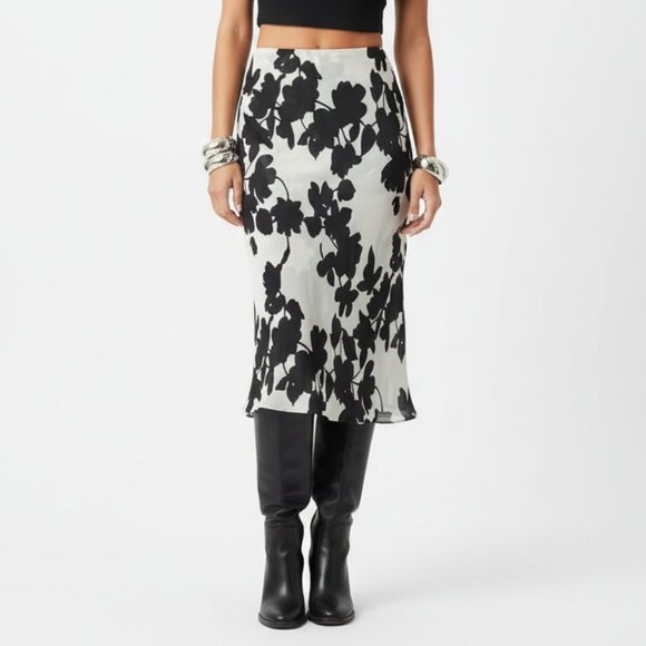 Ice 100% Silk Ivory & Black Floral Print Knee Length Chiffon Skirt PS - Picture 1 of 5